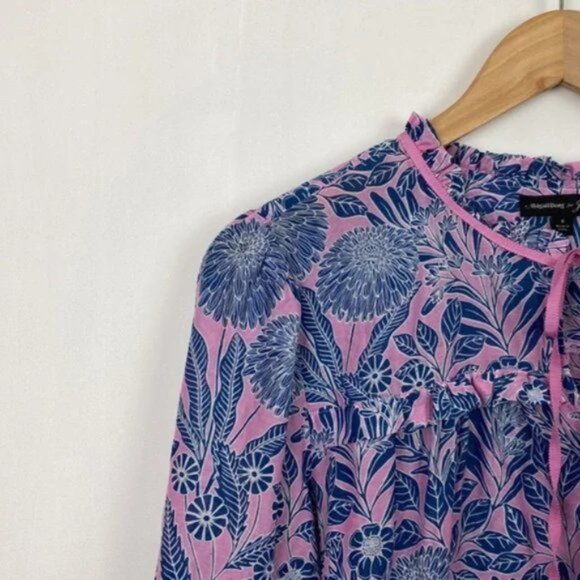 J.Crew X Abigail Borg S Blouse Floral Prairie Dusk Print Pink Navy Ribbon Tie - Picture 7 of 14